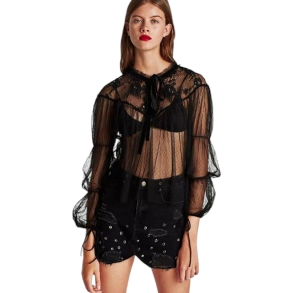 Embroidered sheer Tulle Top Witchy Whimsigoth velvet Bow Black Size L - Picture 11 of 16